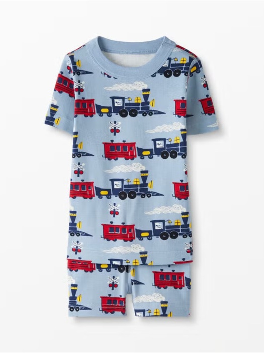 Hanna Andersson Light Blue Train-Print Short Pajama Set with Red and Navy Trains